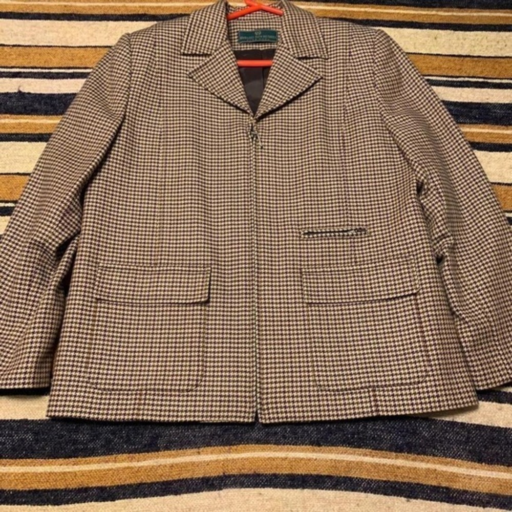 Wool Blazer‎ Jacket Preppy Houndstooth Brown Sz 14 Classic Old Money Academia